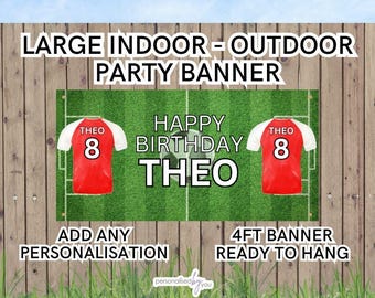 Personalised Football Theme RED and White OUTDOOR INDOOR Birthday Banner Poster Large Add Name & Age Free Delivery 4FT