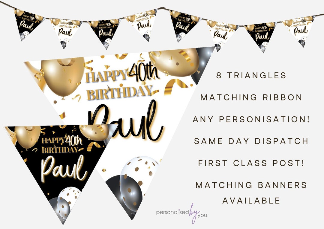 Personalised Black Gold Theme BIRTHDAY Party Banner Decoration Bunting ...