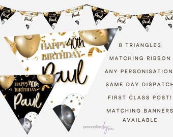 Personalised Black Gold Theme BIRTHDAY Party Banner Decoration Bunting FREE DELIVERY