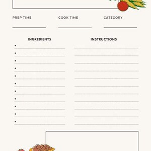 Op de afbeelding: Een printbare recepten sjabloon met een lege ruimte voor de naam van het gerecht, de voorbereidingstijd, de kooktijd, de categorie, de ingrediënten en de instructies. De sjabloon is versierd met een tekening van groenten en een zak aardappelen.