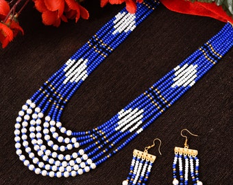 Indian Tradition Jewellery,for Women, Blue and White Beads Necklace with Earring, Handmade Designer Jewellery for her