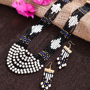 Indian Tradition Jewellery, for Women Black and white Beads Necklace with Earring Handmade Designer Jewellery for her image 4