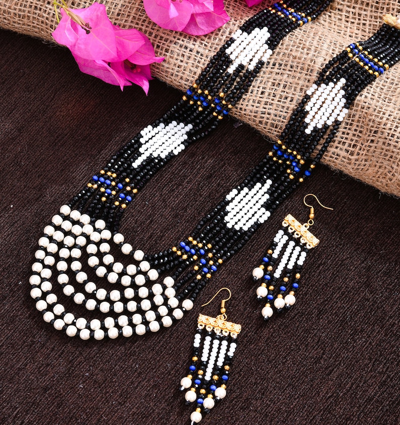 Indian Tradition Jewellery, for Women Black and white Beads Necklace with Earring Handmade Designer Jewellery for her image 4