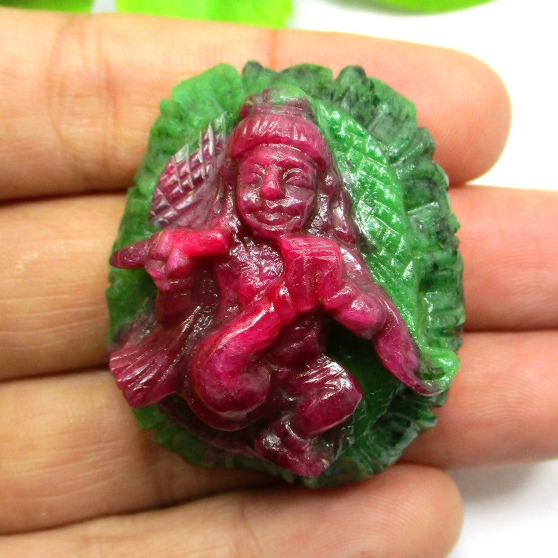 Unique Indian God Bal Krishna Statue In Precious Ruby Zoisite Gemstone Green Red Color Beautiful Statue, Antique Handmade Statue Bal Krishna image 2