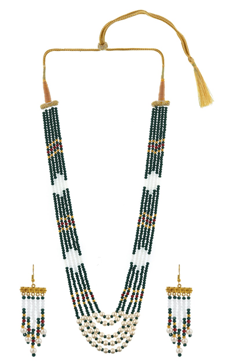 Indian Tradition Jewellery, for Women Green and white Beads Necklace with Earring Handmade Designer Jewellery for her image 1
