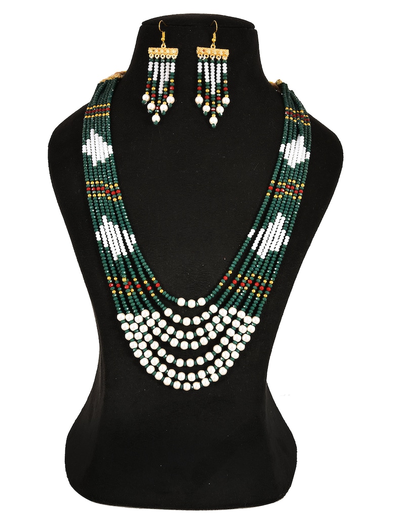 Indian Tradition Jewellery, for Women Green and white Beads Necklace with Earring Handmade Designer Jewellery for her image 7