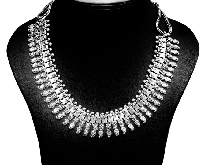 Classic Mango Design Necklace Set / Silver Plated Long Chain Set / Indian Traditional Jewelry