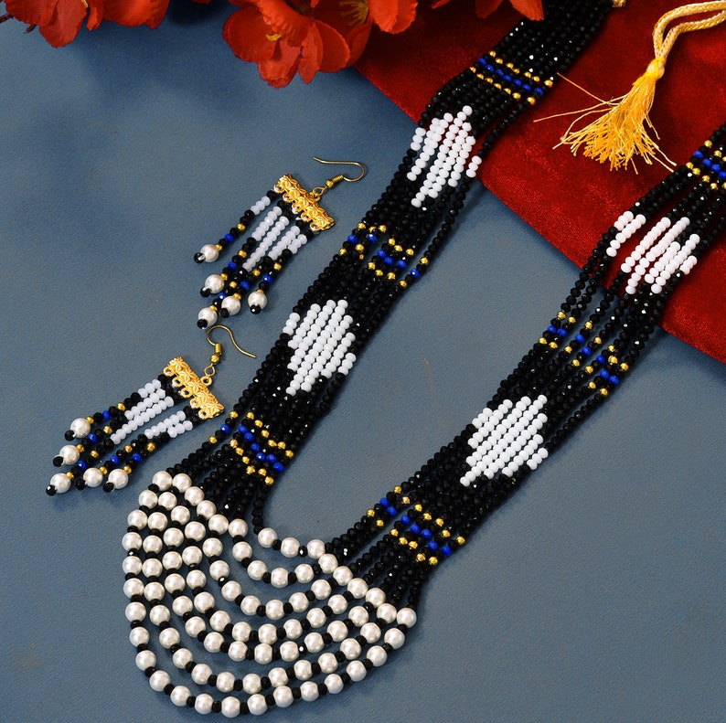 Indian Tradition Jewellery, for Women Black and white Beads Necklace with Earring Handmade Designer Jewellery for her image 3