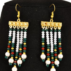Indian Tradition Jewellery, for Women Green and white Beads Necklace with Earring Handmade Designer Jewellery for her image 4
