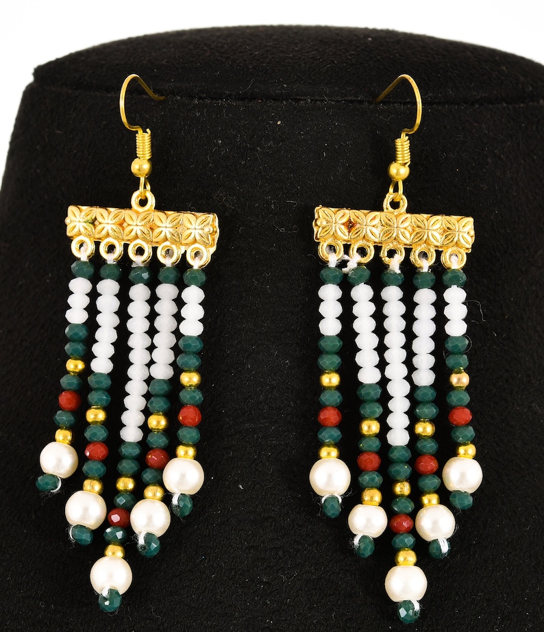Indian Tradition Jewellery, for Women Green and white Beads Necklace with Earring Handmade Designer Jewellery for her image 4