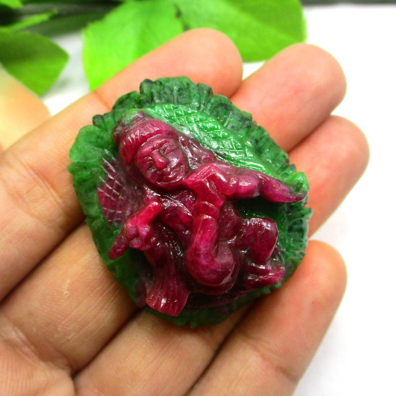 Unique Indian God Bal Krishna Statue In Precious Ruby Zoisite Gemstone Green Red Color Beautiful Statue, Antique Handmade Statue Bal Krishna image 3