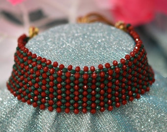 Indian Jewelery, traditional jewellery,choker set, banjara,choker jewellery, Hand Made Natural Bids Red and Green