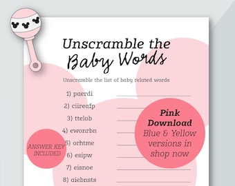 Pink Unscramble the Baby Words Baby Shower Game | Mickey Themed | Baby Shower Game | Baby Pink Shower