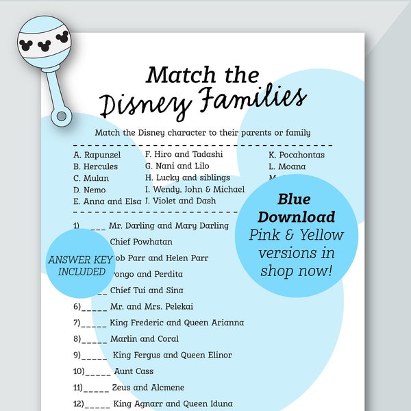 Blue Match the Families Baby Shower Game | Mickey Themed | Baby Shower Game | Baby Boy Shower