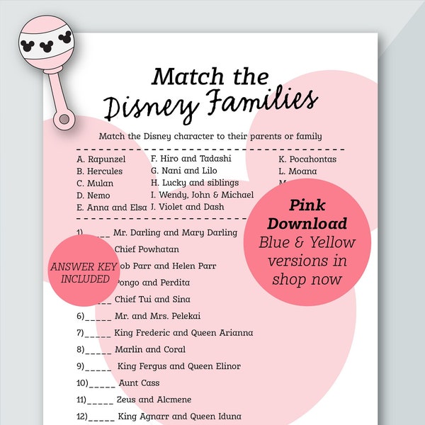 Pink Match the Families Baby Shower Game | Mickey Themed | Baby Shower Game | Baby Girl Shower