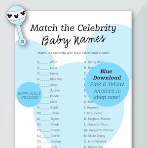 Blue Match the Celebrity Baby Names Baby Shower Game | Mickey Themed | Baby Shower Game | Baby Boy Shower