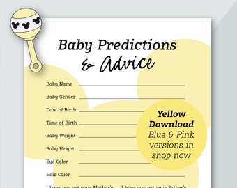 Yellow Baby Predictions & Advice | Mickey Themed | Baby Shower Game | Baby Shower