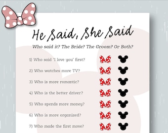 He Said, She Said Bridal Shower Game | Mickey Themed | Bridal Shower Game