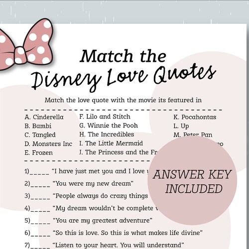 Match the Disney Love Quotes Bridal Shower Game Disney Etsy