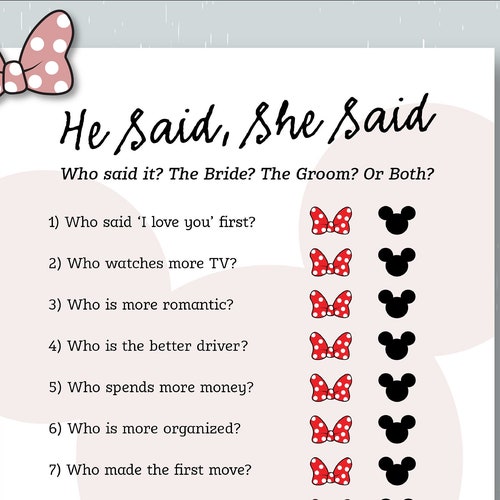 He Said She Said Bridal Shower Game Disney Themed Bridal Etsy