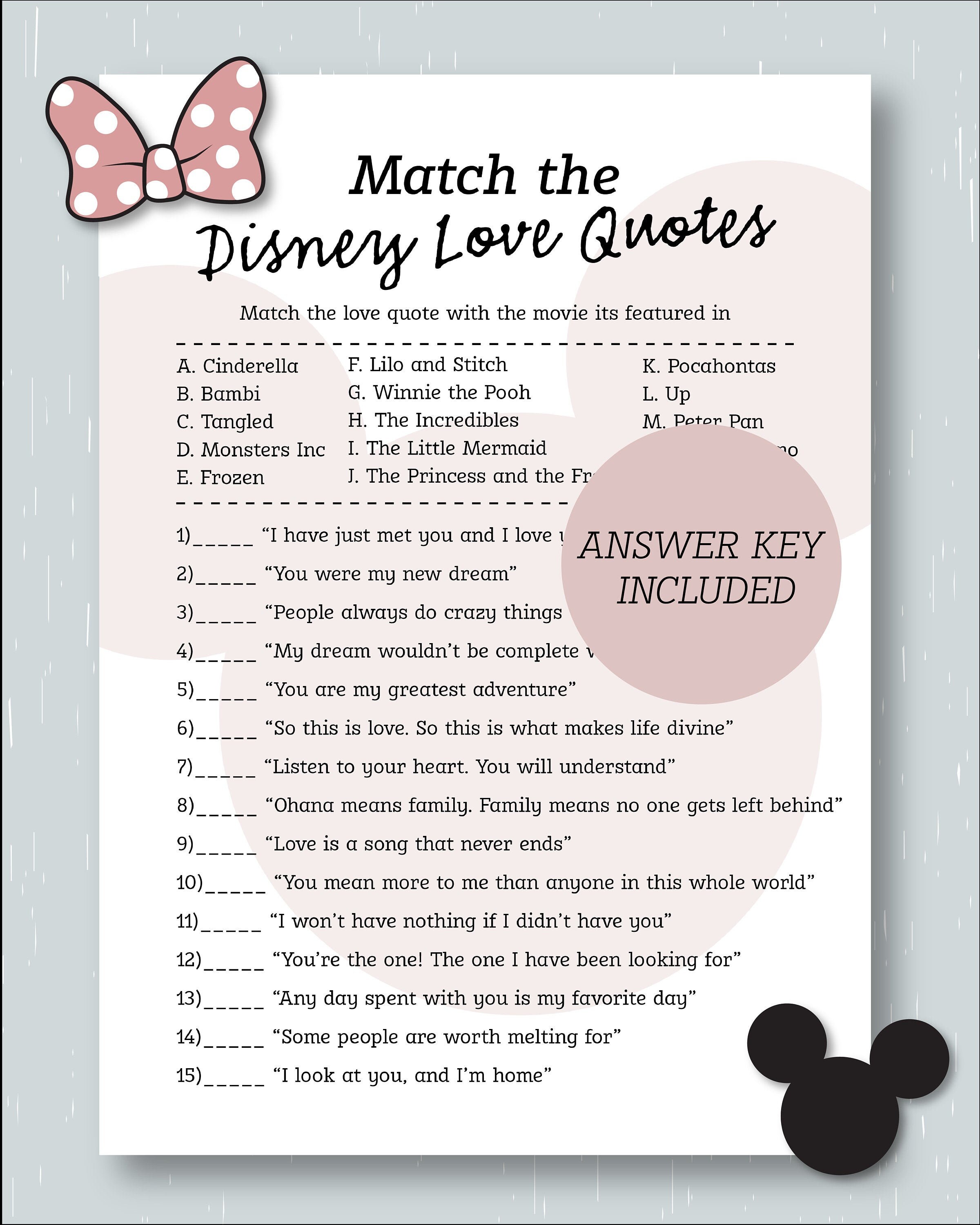 Match the Disney Love Quotes Bridal Shower Game Disney Etsy