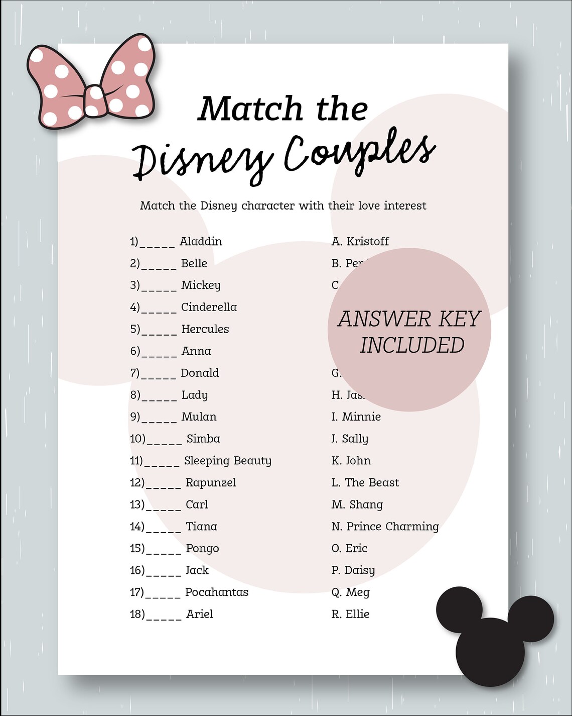 Match the Disney Couples Bridal Shower Game Disney Inspired Etsy