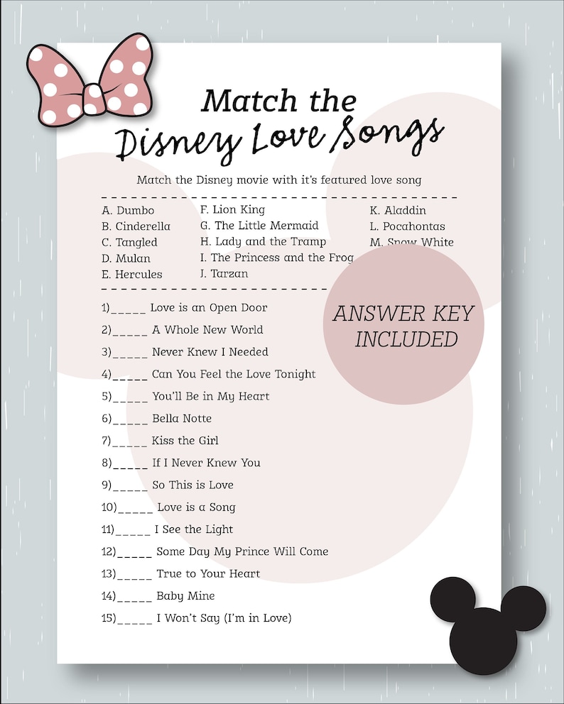 Match the Love Songs Bridal Shower Game Mickey Themed Etsy