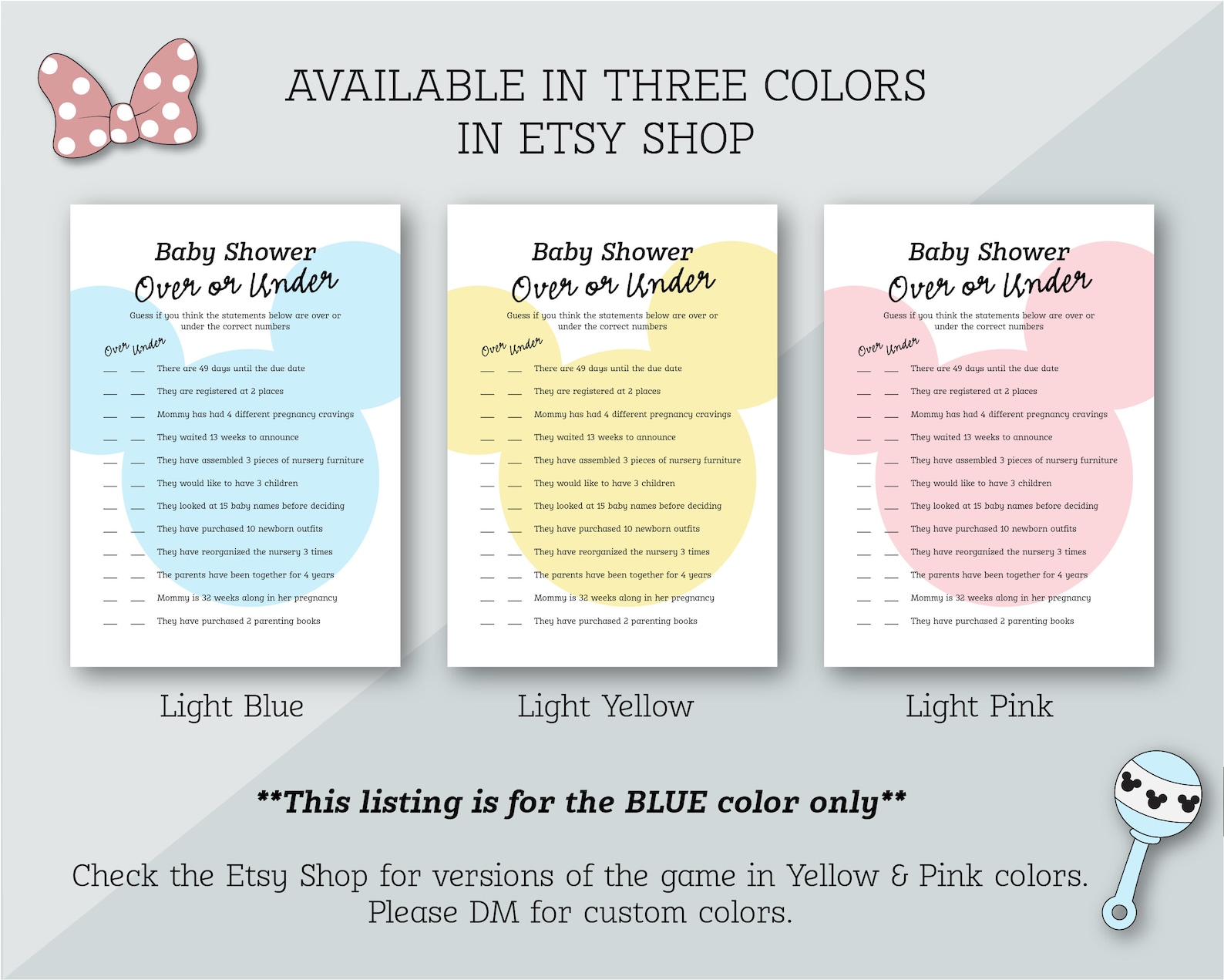 Blue Over or Under Baby Shower Game | Mickey Themed | Baby Shower Game ...