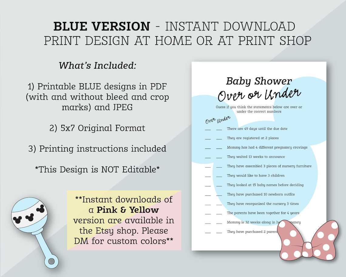 Blue Over or Under Baby Shower Game | Mickey Themed | Baby Shower Game ...