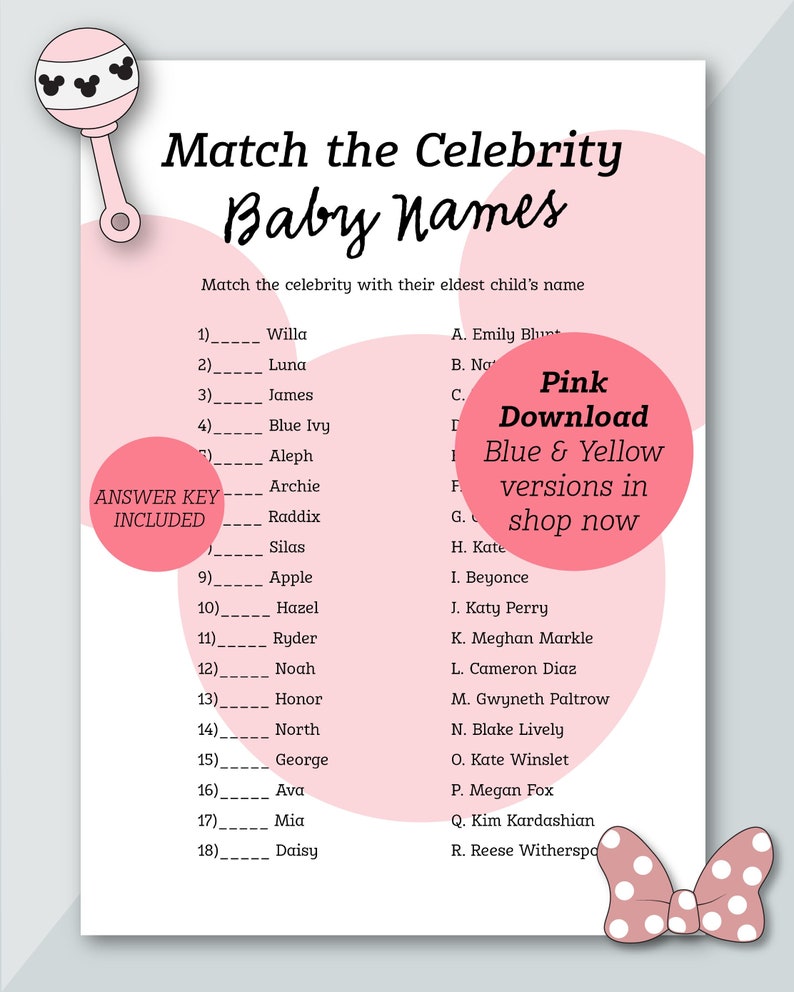 Pink Match the Celebrity Baby Names Baby Shower Game Mickey Themed Baby