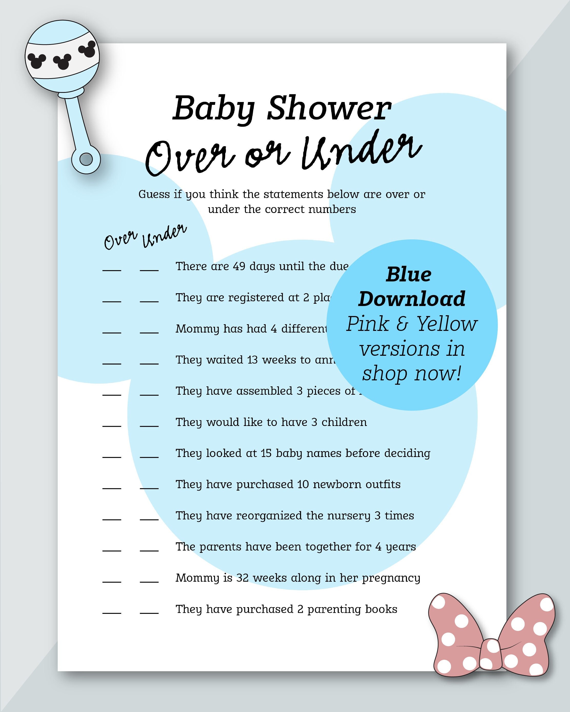 Blue Over or Under Baby Shower Game | Mickey Themed | Baby Shower Game ...