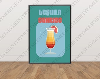 Tequila Sunrise Cocktail Print, DIGITAL DOWNLOAD, Printable, Wall Art, Retro, Funky