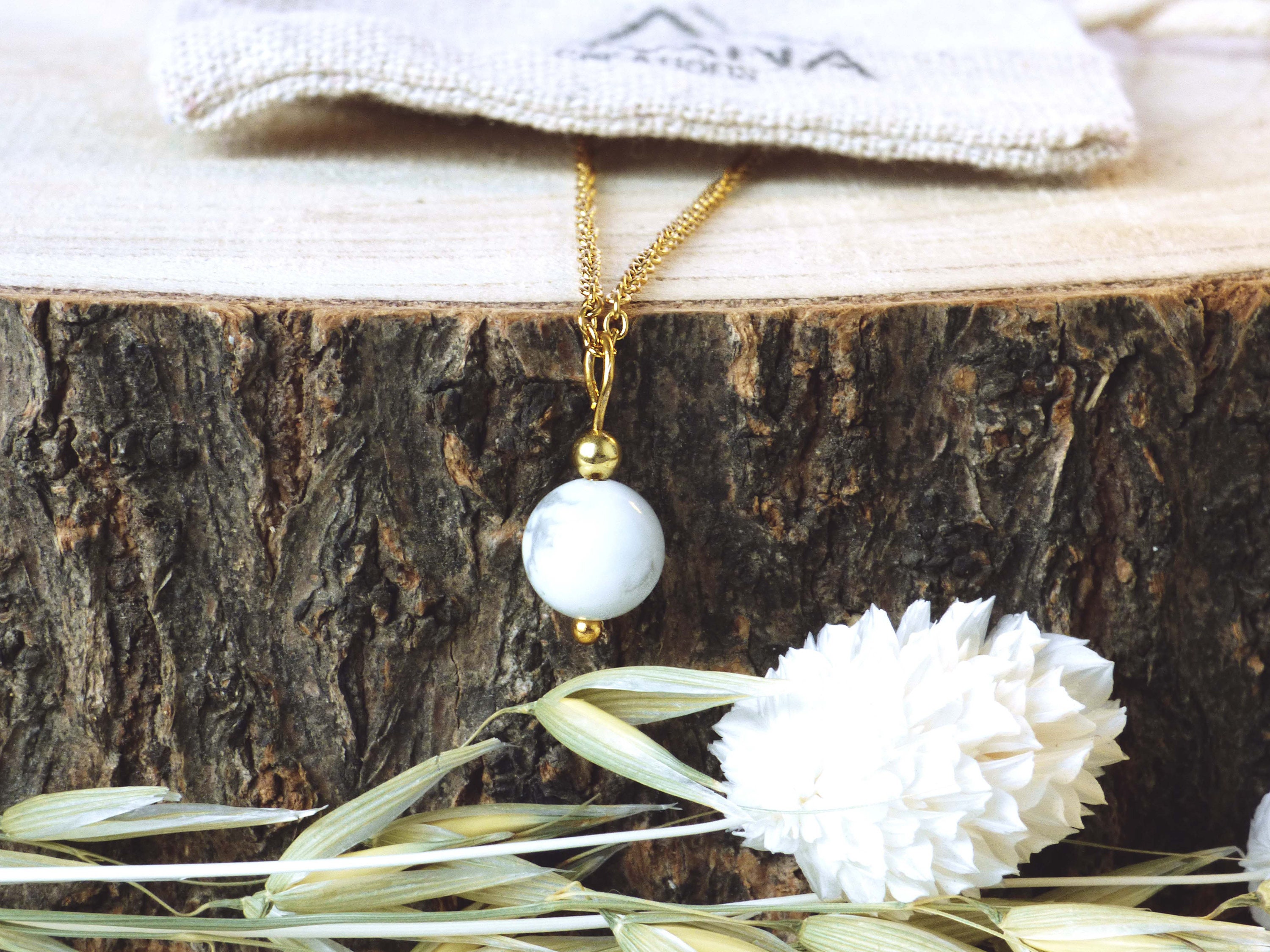 Moaia Necklace 50cm Howlite Fine Stone Pendant And Gold Or Etsy