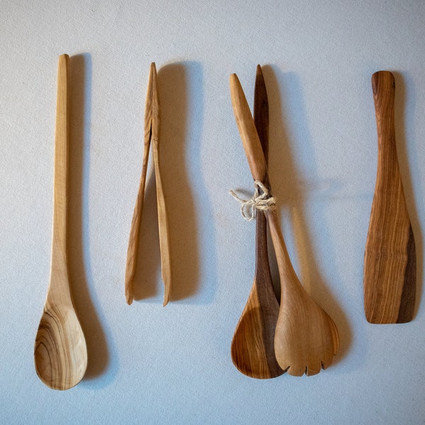 Set of 4 Olive wood Utensils, Wooden Spatula + Spoon + Tweezers + Serving Salad