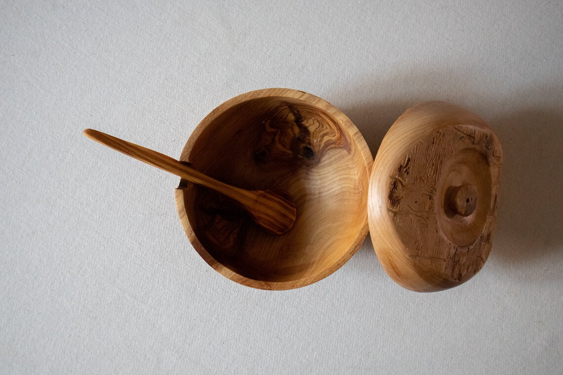 Olive Wood Salt Bowl Wooden Jar with lid and spoon Etsy