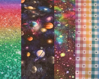 Little Johnny 100% cotton fabric: planets, universe, galaxy, rainbow, glitter, hearts