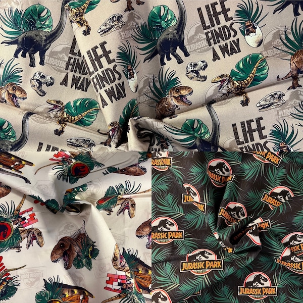 Licensed Jurassic Park fabric 100% cotton: logo, T-Rex, Life finds a way, dinosaurs