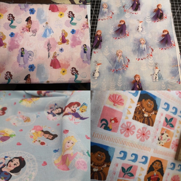 Licensed Disney Fabric 100% cotton: Frozen, Anna, Elsa, Olaf, Ariel, Aurora, Cinderella, Ariel, Rapunzel, Mulan, Snow White