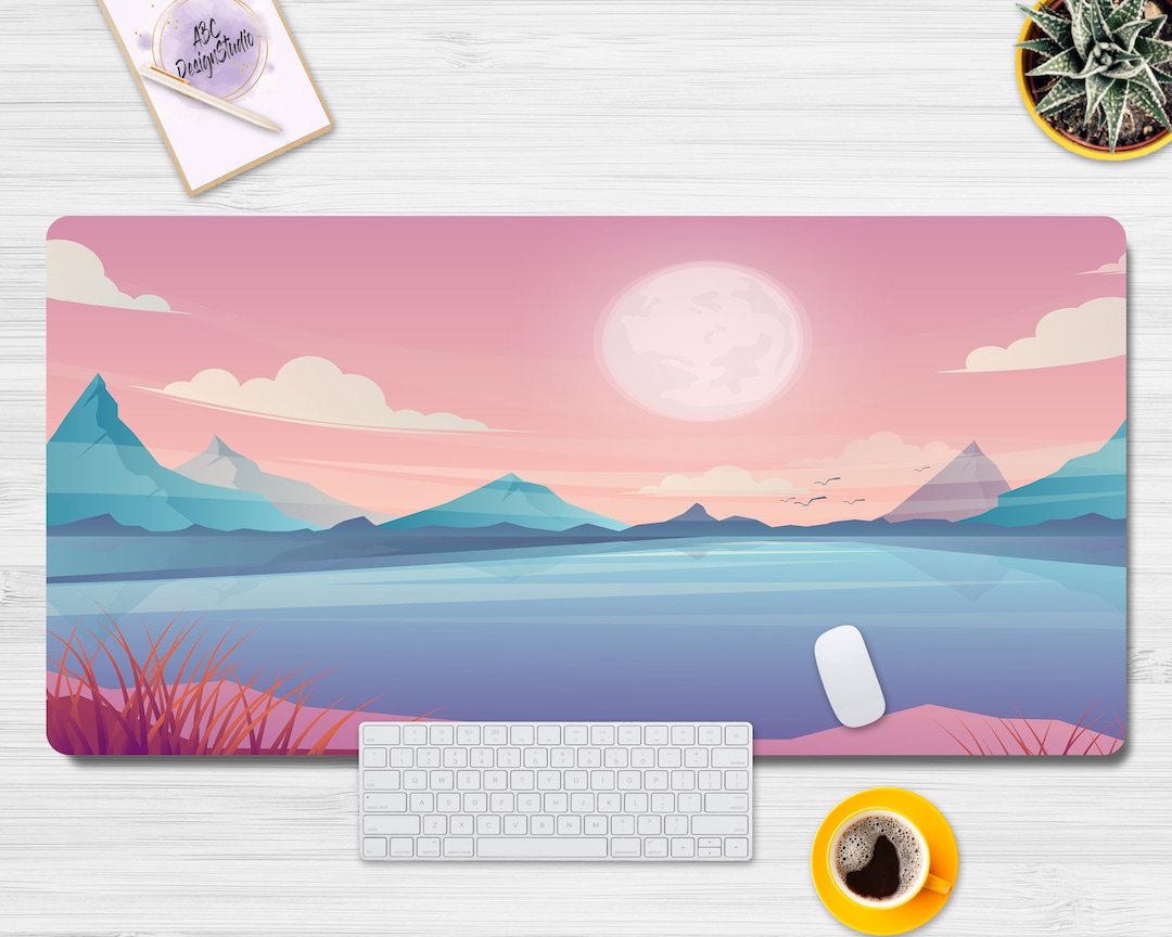 Pastel Color Sky & Mountain Sunset Cute Pink Desk Mat, Cute Desk Pad ...