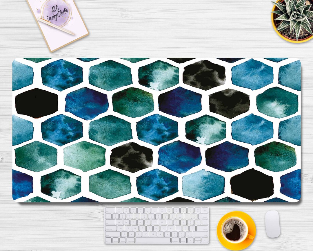 Hexagonal Watercolor Desk Mat Desk Mat Extra Large Green Etsy