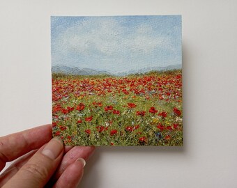 Champ de coquelicots, oeuvre d'art originale, petit tableau