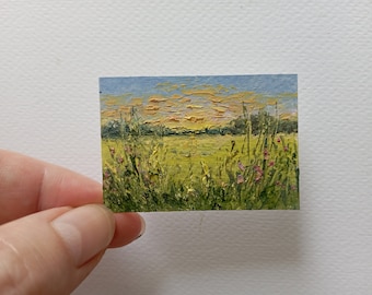 Tiny Oil Painting Meadow Original Artwork Small Landscape