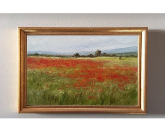 « Champ de coquelicots peinture oeuvre originale petit paysage » par SanaOriginalArt