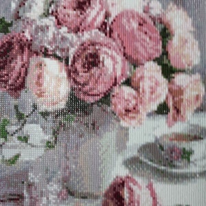 Morning Pink Roses in White Vase Completed 5D Diamond  Painting