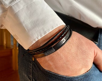 Men Custom Black Bracelets Personalized Black Leather Bracelet For Man Husband Gift Bracelet