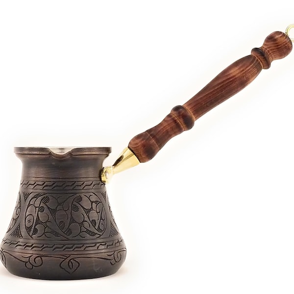 SRT-PCA Series (Large)-Thickest Solid Engraved Antique Copper Turkish Greek Arabic Coffee Pot Coffee Maker Jazzve Cezve Ibrik Briki (14floz)