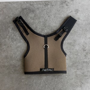 Puede incluir: Arn&eacute;s para perros de malla color beige con ribetes y correas negras. El arn&eacute;s tiene un anillo en D de metal para la fijaci&oacute;n de la correa y hebillas ajustables. El nombre de la marca "Dapper Duchy" est&aacute; impreso en una peque&ntilde;a etiqueta negra.