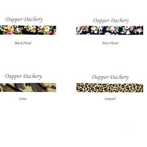 May include: Four different fabric swatches with the text "Dapper Dachery" above each. The swatches are black floral, navy floral, camo, and leopard.