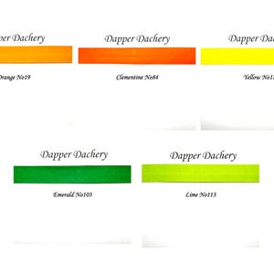 May include: Five color swatches of ribbon with the brand name "Dapper Dachery" and the color names and numbers: Orange No19, Clementine No84, Yellow No17, Emerald No103, and Lime No113.