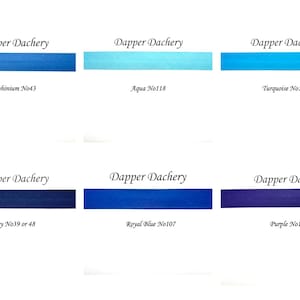 May include: Six ink samples in different shades of blue and purple, labeled with the brand name "Dapper Dachery" and the color name and number. The colors are Delphinium No43, Aqua No118, Turquoise No116, Navy No39 or 48, Royal Blue No107, and Purple No125.